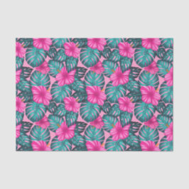 Monstera bladeren en Hibiscus Blauwgroen en Roze o Tissuepapier