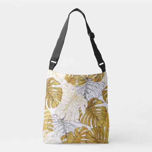 Monstera bladeren: goudwit crossbody tas (Voorkant)