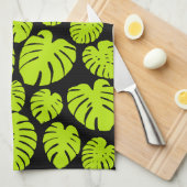 Monstera-bladeren in Lime Green en zwart Theedoek (Quarter Fold)