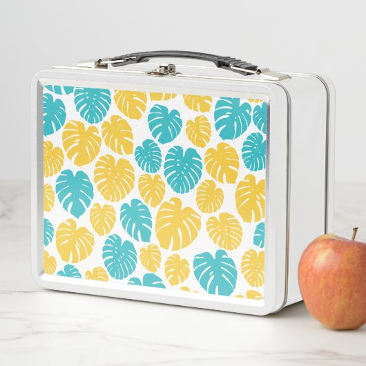 Monstera bladeren in turkoois, geel en wit (In situ)