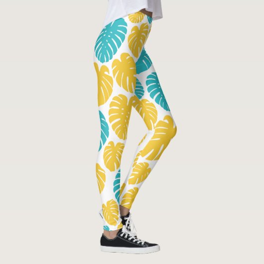 Monstera bladeren in turkoois, geel en wit leggings (Rechts)