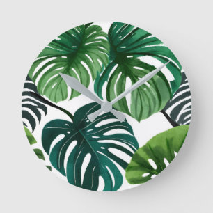 Monstera Bladeren Waterverf Modern Botanisch Ronde Klok