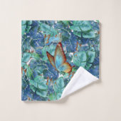 Monstera bleu turquoise Feuilles et papillons (Gant de toilette)