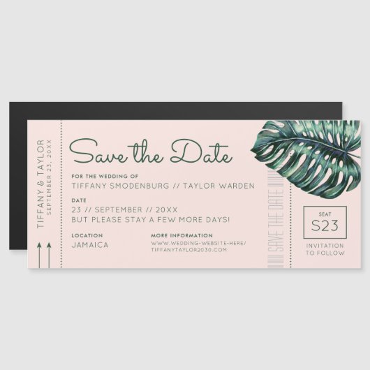 Monstera Blush Boarding Pass Magnet Enregistrer la (Devant / Derrière)