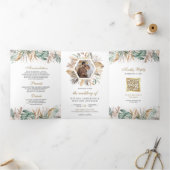 Monstera Boho Pampas All in One QR Code Weddenscha Drieluik Uitnodiging (Binnen)