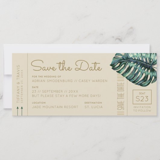 Monstera Groen en Tan Instapkaart Save the Date Aankondiging (Voorkant)