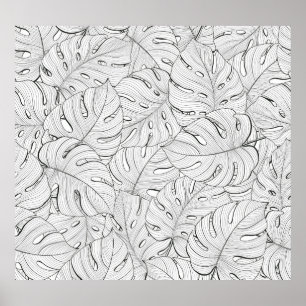 Monstera laat zwart wit patroon poster