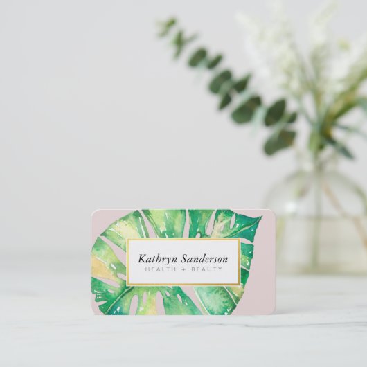 MONSTERA LEAF eco beschilderd modern waterverf roz Visitekaartje (Staand voorkant)