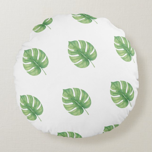 Monstera Leaf Green Design.  Rond Kussen (Voorkant)