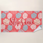 Monstera Leaf Kleurrijke Koraal Tropische Script N Strandlaken (Voorkant)