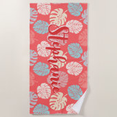 Monstera Leaf Kleurrijke Koraal Tropische Script N Strandlaken (Voorkant)