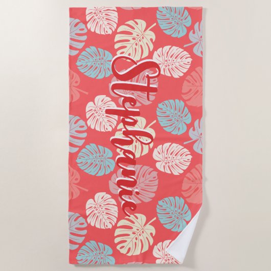 Monstera Leaf Kleurrijke Koraal Tropische Script N Strandlaken (Voorkant)