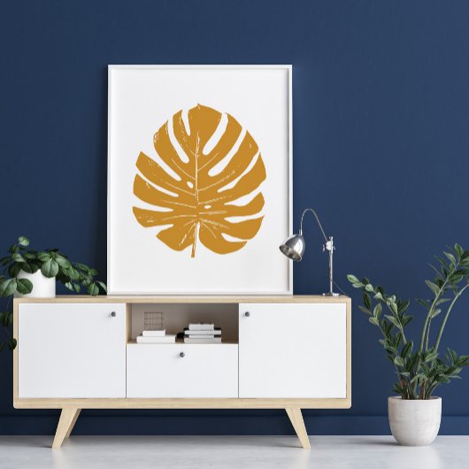 Monstera Leaf Natuur Tekening in mosterdgeel Poster