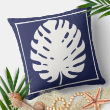 Monstera Leaf Navy Blue en White Coastal Modern