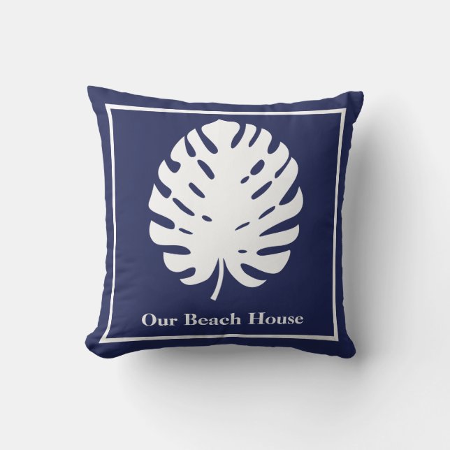 Monstera Leaf Navy Blue White Coastal personaliser Kussen (Voorkant)
