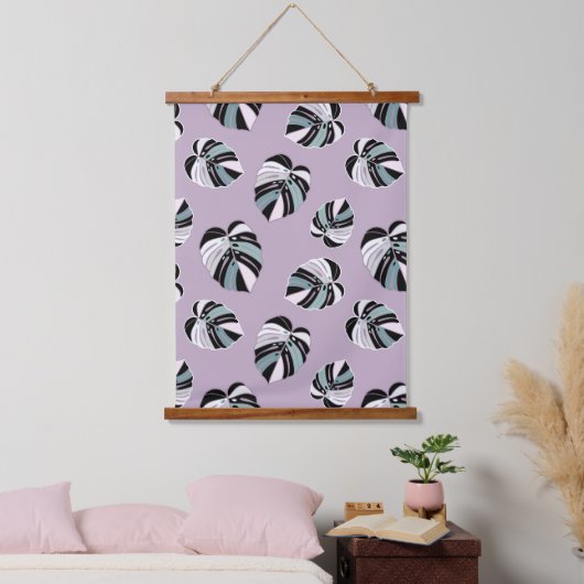 Monstera Leaf Pattern - Paars Groen Zwart wit Hangend Wandkleed (Slaapkamer)
