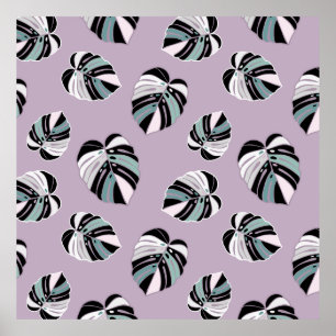 Monstera Leaf Pattern - Paars Groen Zwart wit Poster