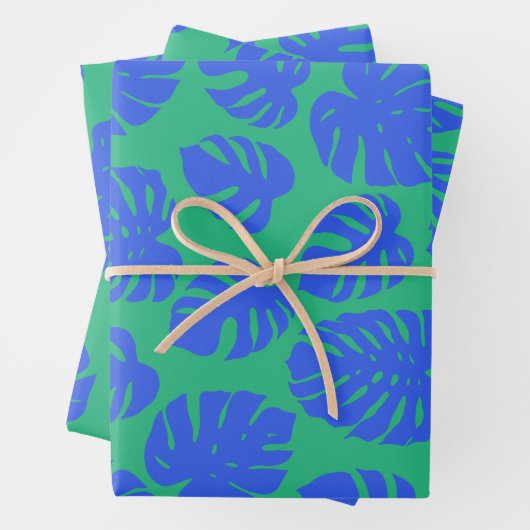 Monstera Leaf Plant Botanical in Blue en Green Inpakpapier Vel (In situ)