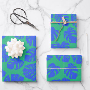 Monstera Leaf Plant Botanical in Blue en Green Inpakpapier Vel