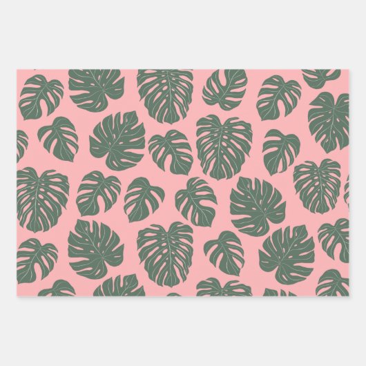 Monstera Leaf Plant Botanisch in Roze en Groen Inpakpapier Vel (Voorkant 3)