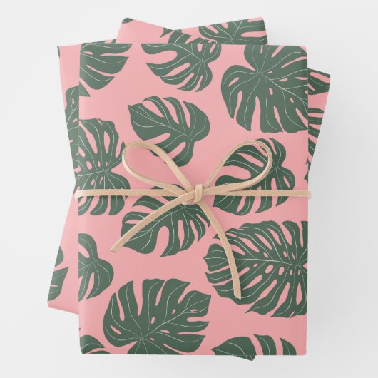 Monstera Leaf Plant Botanisch in Roze en Groen Inpakpapier Vel (In situ)