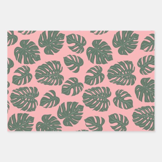 Monstera Leaf Plant Botanisch in Roze en Groen Inpakpapier Vel (Voorkant)