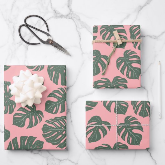 Monstera Leaf Plant Botanisch in Roze en Groen Inpakpapier Vel (Voorkant)