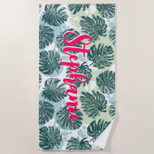 Monstera Leaf Tropische Palm Hot Roze Script Naam Strandlaken (Voorkant)