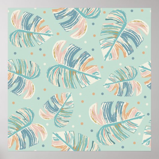 Monstera Leaf - Turquoise, Green, Coral, Mustard Poster (Voorkant)