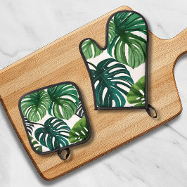 Monstera Leaves | Eenvoudige moderne Waterverf Ovenwant & Pannenlap Set