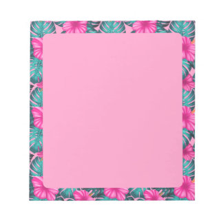 Monstera Leaves en Hibiscus, Blauwgroen en Roze Notitieblok