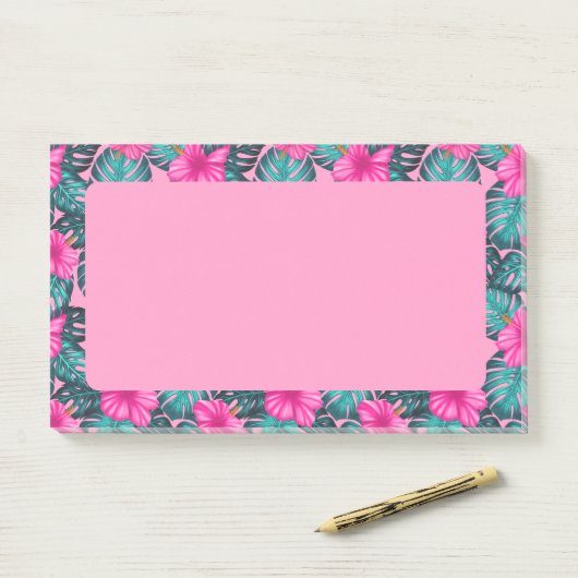Monstera Leaves en Hibiscus, Blauwgroen en Roze Post-it® Notes (Op bureau)