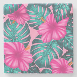 Monstera Leaves en Hibiscus, Blauwgroen en Roze Stenen Onderzetter