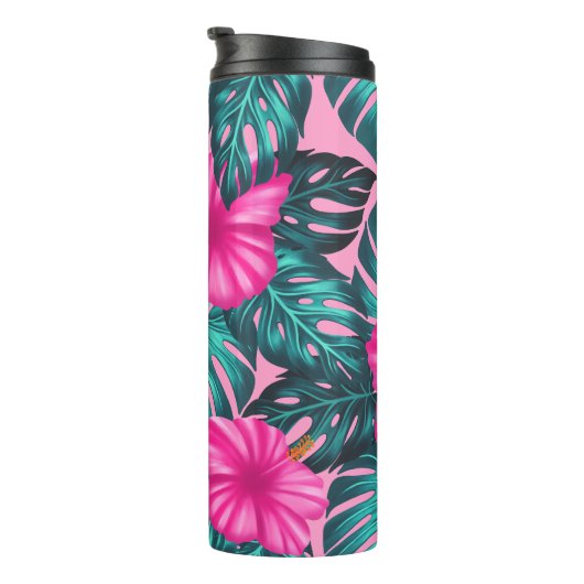 Monstera Leaves en Hibiscus, Blauwgroen en Roze Thermosbeker (Geroteerd rechts)