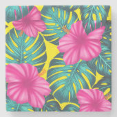Monstera Leaves en Hibiscus, Blauwgroen Roze op Ge Stenen Onderzetter (Voorkant)