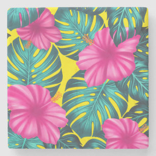 Monstera Leaves en Hibiscus, Blauwgroen Roze op Ge Stenen Onderzetter