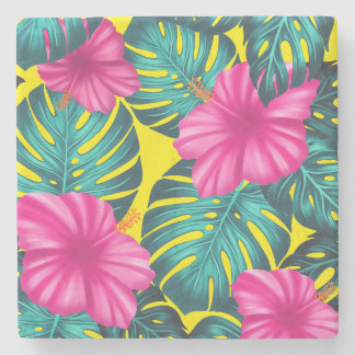 Monstera Leaves en Hibiscus, Blauwgroen Roze op Ge Stenen Onderzetter