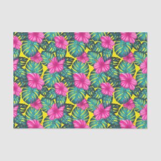 Monstera Leaves en Hibiscus, Blauwgroen Roze op Ge Tissuepapier