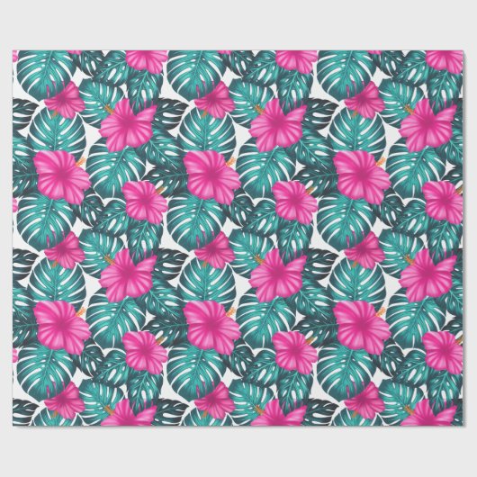 Monstera Leaves en Hibiscus, Blauwgroen Roze op Wi Cadeaupapier (Vlak)