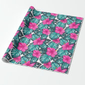 Monstera Leaves en Hibiscus, Blauwgroen Roze op Wi Cadeaupapier (Uitgerold)