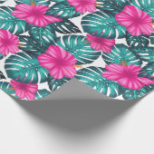 Monstera Leaves en Hibiscus, Blauwgroen Roze op Wi Cadeaupapier (Hoek)