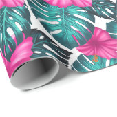 Monstera Leaves en Hibiscus, Blauwgroen Roze op Wi Cadeaupapier (Rol Hoek)