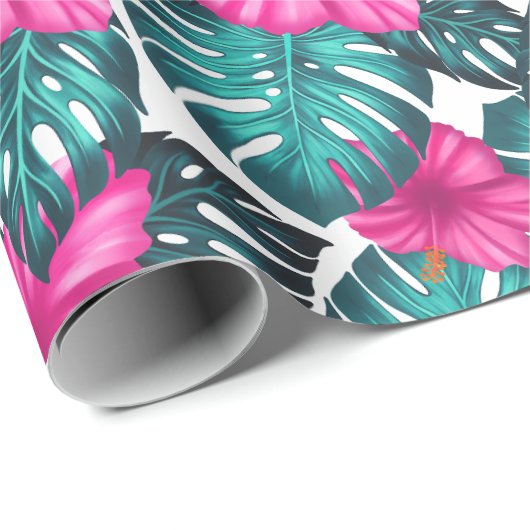 Monstera Leaves en Hibiscus, Blauwgroen Roze op Wi Cadeaupapier (Rol Hoek)