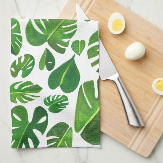 Monstera Leaves tropical planten green gouache Theedoek (Quarter Fold)