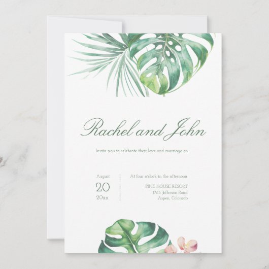 Monstera Leaves Tropical Wedding Invitation Kaart (Voorkant)