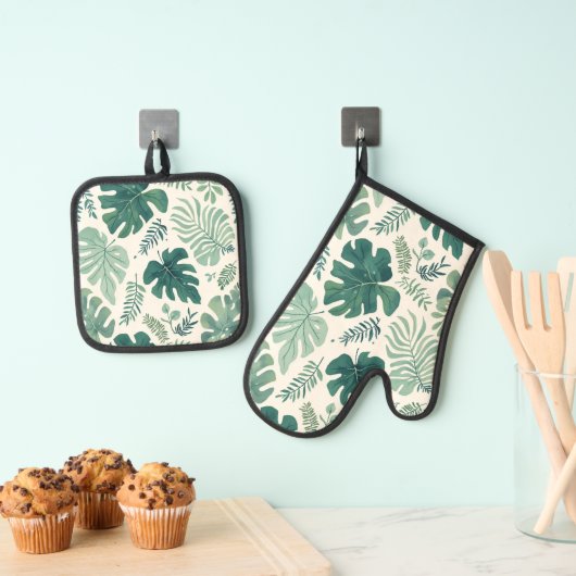 Monstera Mood – Tropisch blad Ovenwant & Pannenlap Set (Insitu(Ophanging))