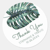 Monstera Palm Leaf Tropische bruiloft dank u Ronde Sticker (Voorkant)