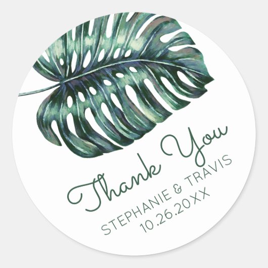 Monstera Palm Leaf Tropische bruiloft dank u Ronde Sticker (Voorkant)
