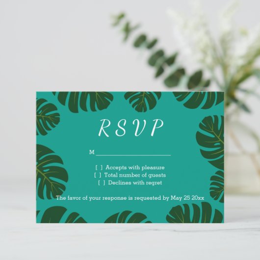 Monstera palm RSVP strand bruiloft antwoord kaarte (Staand voorkant)