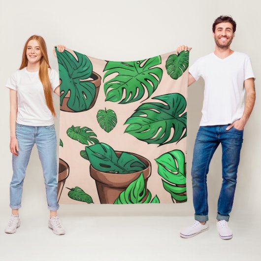 Monstera Plant Pot Pattern Art Fleece Deken (In situ)